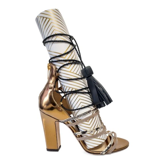 Jimmy Choo Diamond 100 Gold Black Leather Size 36 EU 6 US Strappy Sandals - Picture 5 of 12